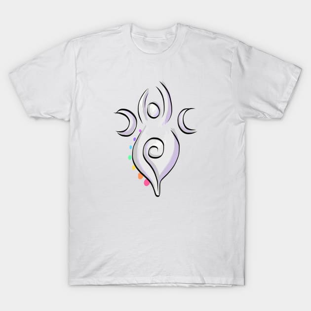 Spiral Goddess T-Shirt Three Symbol Wiccan Pagan and Chakras - on light T-Shirt by BeesEz